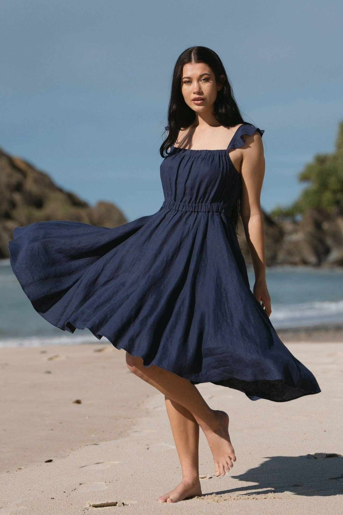 Lilly Pilly Collection 100% organic linen Mia Dress in Denim Blue