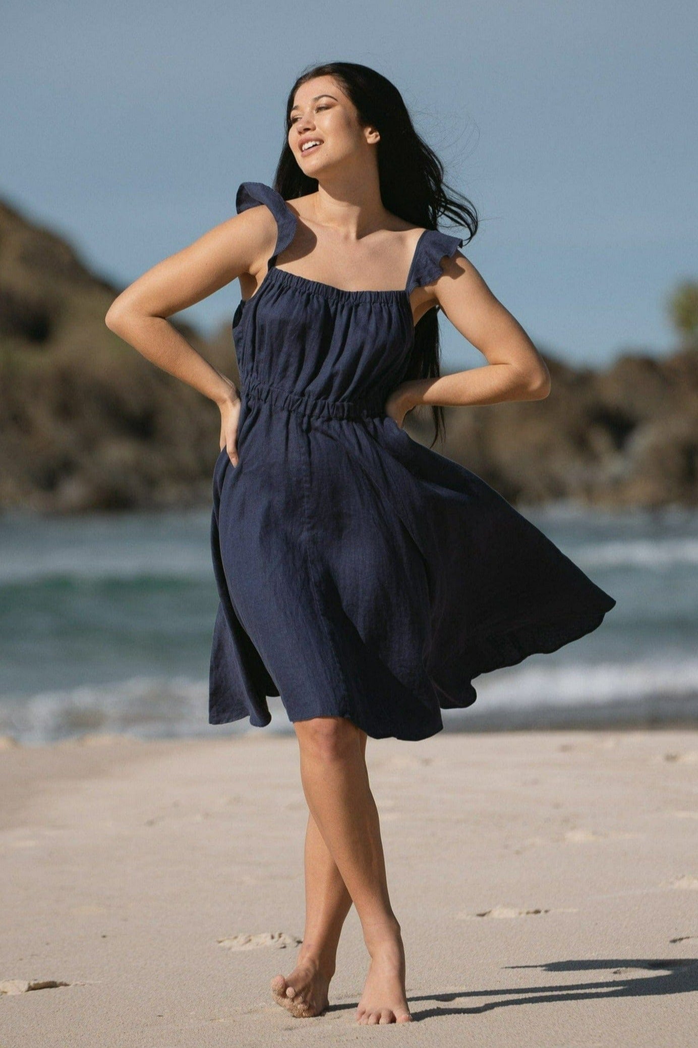 Lilly Pilly Collection 100% organic linen Mia Dress in Denim Blue